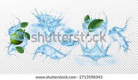 Splash of water. 3D wave. Ice in liquid. Drop lemon in whirlpool, drink aqua. Fluid flow, mint leaves and lime. Realistic spatters. Plop in ripple. Vector exact illustration on transparent background