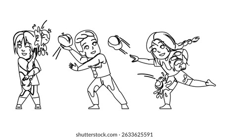 splash water balloon fight vector. outdoor game, party throw, target aim splash water balloon fight character. people black line pencil drawing illustration