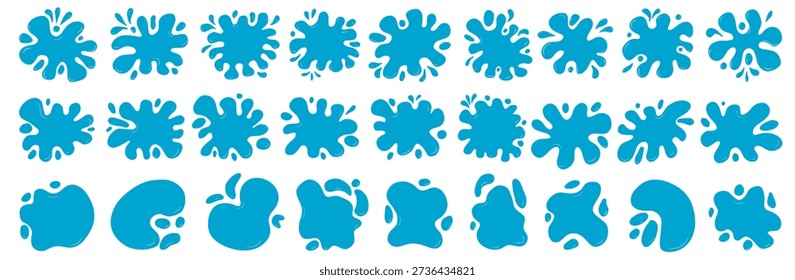 Splash water blobs set. Blue rain puddle paint stain. Blot shape and blue frame for a text. Fluid abstract background blanks. Organic blotch with irregular edges. Vector silhouette of simple wet spot.