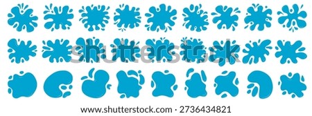Splash water blobs set. Blue rain puddle paint stain. Blot shape and blue frame for a text. Fluid abstract background blanks. Organic blotch with irregular edges. Vector silhouette of simple wet spot.