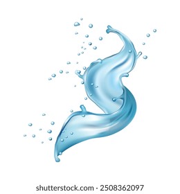 Splash of water with drops, falling water, wave swirl with drops, realistic design. Vector blue liquid splashing fluids with droplets, drink 3d element. Clear aqua falling or pour with air bubbles