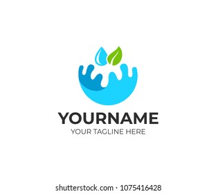 Splash of water, a leaf and a drop, logo template. Ecologically pure, natural water and watering of plants, vector design. Droplet clean aqua, nature and organic farm, illustration