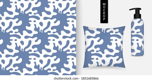 Splash water seamless pattern. Splashing water pattern. Abstract background with inkblots. Vector illustration. Trendy repeating texture. Simple ornament. Modern design textile, paper, cloth. Mockup.