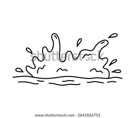 Splash of water with splatters, waves and drops isolated on a white background. Vector hand-drawn illustration in doodle style. Perfect for decorations, logo, various designs.