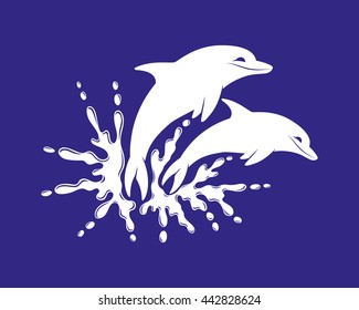 Splash of water and two dolphins.