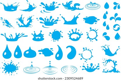 Splash water. Vector icon set of сurrent drops, waves, tears, spray, isolated on white background. Dripping liquid. Water spill. Aqua drop element. Raindrop drops