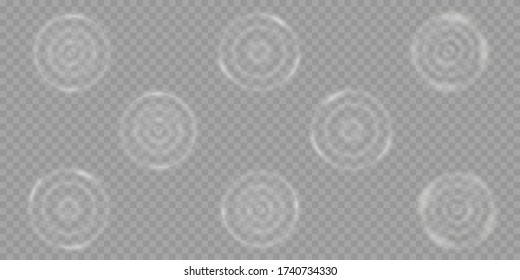 Splash of water, waves on the surface of a drop. Realistic effects of falling drops or sound waves, concentric circles in a puddle. Water splash exposure top view. Vector illustration.
