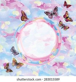 Splash watercolor frame background. Summer holiday card with butterfly and copy space.