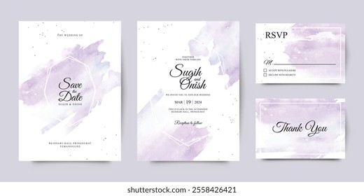 Splash watercolor hand paintings and geometric lines for elegant wedding invitation card template