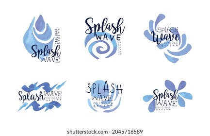 Splash Wave Logo Set, Nature, Eco, Ocean, Sea, Swimming Pool Labels, Abstract Logo for Business Design Hand Drawn Vector Illustration