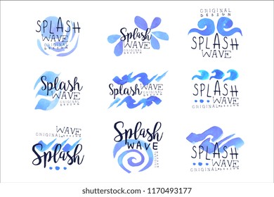 Splash wave logo template set, hand drawn vector Illustrations in blue colors