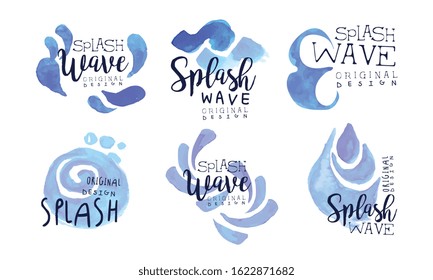 Splash Wave Original Design Labels Collection, Watercolor Badges with Blue Water Drops Vector Illustration