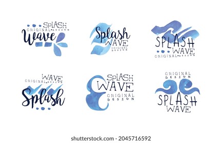 Splash Wave Original Logo Design Set, Nature, Eco, Ocean, Sea, Swimming Pool Labels, Corporate Identity Design Element Hand Drawn Vector Illustration