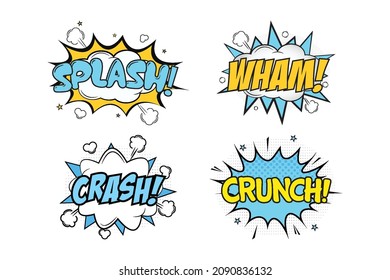 Splash Wham comic burst with white, blue, and yellow colors. Crash Crunch comic explosion with yellow, white, and blue colors. Text bubbles for cartoon speeches. Comic blast with colorful clouds.