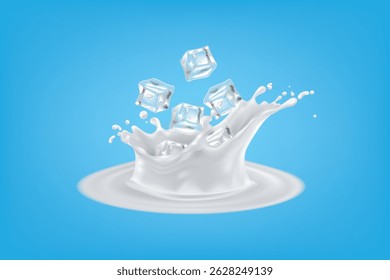 Splash of white milk with falling ice cubes on blue background in 3D render.