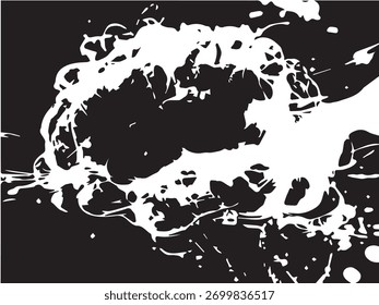 Um toque de tinta branca criando um padrão abstrato em um fundo preto durante uma sessão de arte criativa no estúdio