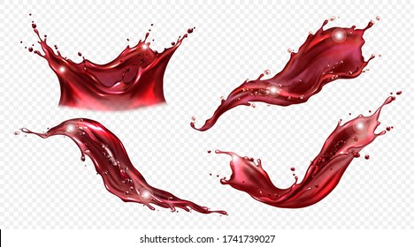 Splash Of Wine Or Red Juice Isolated On Transparent Background. Vector Realistic Set Of Liquid Waves Of Falling And Flowing Clear Fruit Drink, Strawberry, Grape Or Cherry Juice