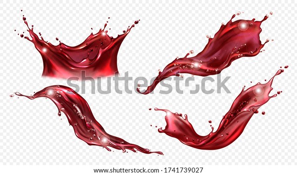 Splash of wine\
or red juice isolated on transparent background. Vector realistic\
set of liquid waves of falling and flowing clear fruit drink,\
strawberry, grape or cherry\
juice