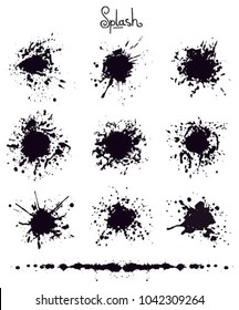 Splash you need. Black splash on white background. Drops of black ink on white paper. Drops vector illustration. Different splash shapes. Black splash set and collection. Decorative set of drops.