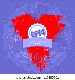 Splashed heart with ribbon in front of blue rays