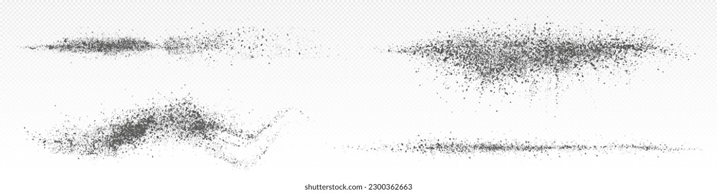 Splashes of ash powder, black dust. Burst or spray effect of dark particles, ash splatters isolated on transparent background, vector realistic illustration