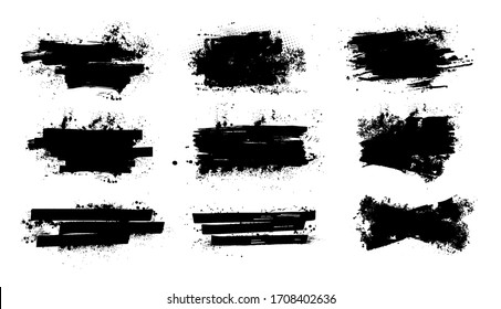 Splashes banners grunge for you design. Horizontal black splashes with drops blots. Isolated set dirty liquid, high quality manually traced. Vector banners template, dirty texture