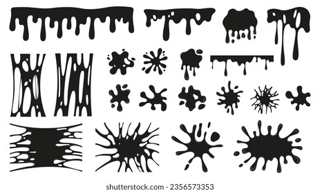 Splashes, blobs and slime puddles. Liquid elements, ink blob and drips. Dripping elements, black oil melting or water silhouettes vector clipart