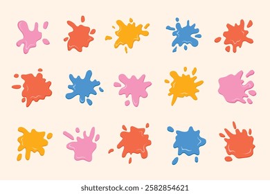 Splashes, blot, collection of colorful multicolored blots. Collection of stain shapes, drops, cartoon flat splashes. Isolated illustration