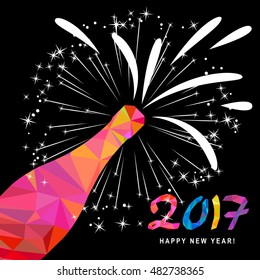 Splashes of champagne low poly colorful vector illustration, bottle and glass. Multicolored lettering 2017. Silhouette of fireworks on black background.