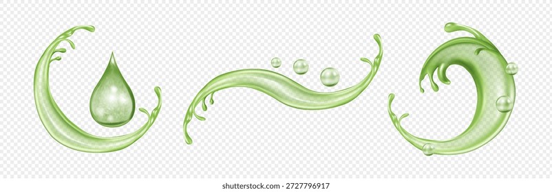 Spritzer von klarem Aloe Vera Gel, einzelne Reihe von Strudeln von Vegetationssaft. Vektorrealistische Wirbelspritzer der Erste-Hilfe-Pflanze mit Tropfen und Blasen. Gesundheit und Heilung, Schönheit und häusliche Pflege
