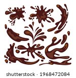 Splashes of coffee, chocolate or mud vector illustrations set. Spilled brown liquid from hot drink or paint isolated on white background. Food, beverage, product advertising concept