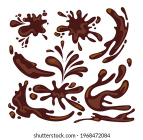 Splashes of coffee, chocolate or mud vector illustrations set. Spilled brown liquid from hot drink or paint isolated on white background. Food, beverage, product advertising concept