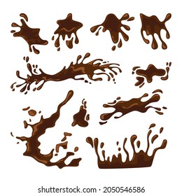 Splashes Of Coffee Or Hot Chocolate Vector Illustrations Set. Spilled Drink, Puddle Of Mud, Liquid Or Fluid Texture, Splatter Of Brown Paint Isolated On White Background. Texture, Food, Art Concept