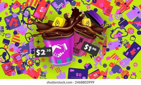 Splashes of coffee pour out of two paper cups on the background of a pattern of icons. Vector banner