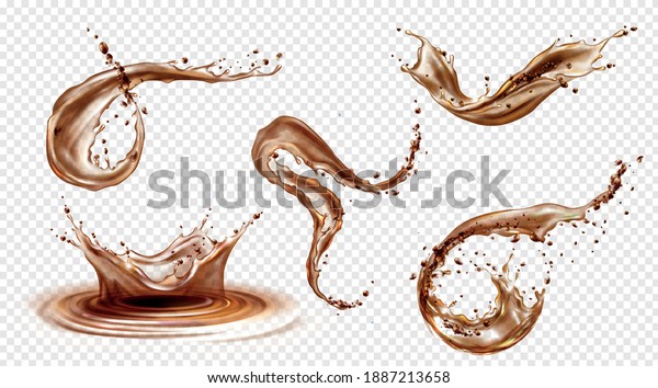 Splashes of coffee,\
tea or cola isolated on transparent background. Vector realistic\
set of liquid waves of falling and flowing brown water, whiskey or\
beer with drops and\
swirls
