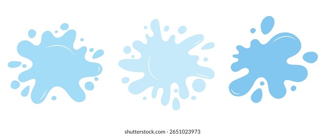 Splashes collection with uneven fluid wavy label. Blue water shapes set. Liquid watery graphic design elements, text backgrounds. Paint spot, blot, rain puddle, stain with drops, blobs for badge.
