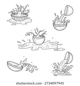 Splashes and drops from a clay bowl, sketch. Vector illustration. Puddles and waves from cups, set isolated on white background. Concept of summer, water Thai festival Songkran and travel. Not AI