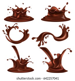 Splashes and drops of dark chocolate illustrations set