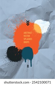 Splashes, drops dotted design element. Colored tone poster. Modern art a4 format. Abstract grunge composition. Grey half tone background. Halftone dots texture effect. Template vector design.