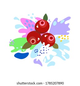 Enjambres y caídas, movimiento de un fluido, bayas de arándanos con jugo y yogur, gotas y manchas. Ilustraciones abstractas de vectores