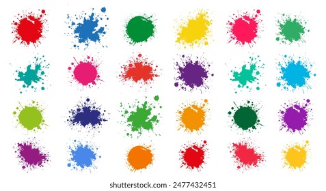 Splashes of ink . Ink drops collection. Colorful paint splatter . Different colors of splatter splashes .Grunge spot .Spray elements. Liquid blobs and spatters .