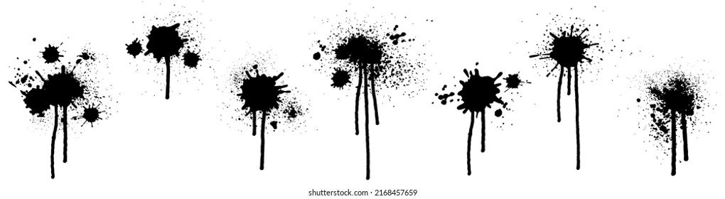 Splashes of ink paint with drips and drops, set.  Vector illustration