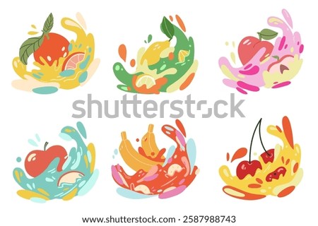 Splashes of juice. Smoothie juices from various fruits. Peach, cherry, lemon.