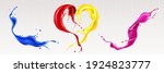 Splashes of liquid paints with swirls in heart shape isolated on transparent background. Vector realistic set of waves of colorful ink. Flows of red, blue, pink and yellow oil or acrylic dyes