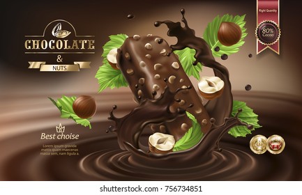 Chapas de chocolate fundido con barra de chocolate y nueces en caída, vectorial ilustración 3D realista. Maquetear afiche publicitario para promocionar