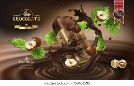 Splashes Of Melted Chocolate With Falling Chocolate Bar In A Torn Wrapper And Nuts, Vector 3D Realistic Illustration. Mock Up Advertising Poster For Promoting 