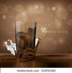 splashes of milk with cocoa and chocolate background with coffee cup