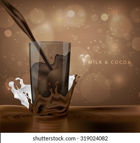 splashes of milk with cocoa and chocolate background with coffee cup