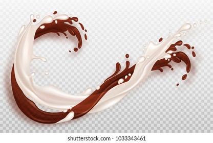 Splashes of milk and coffee are intertwined. Transparent flow of coffee is mixed with milk. Element for advertising or packaging coffee, dairy products or cosmetics.