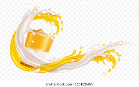 Splashes of milk and juice are intertwined. Dairy and fruit mix in cup of glass. Transparent Yellow splash. Realistic vector illustration.